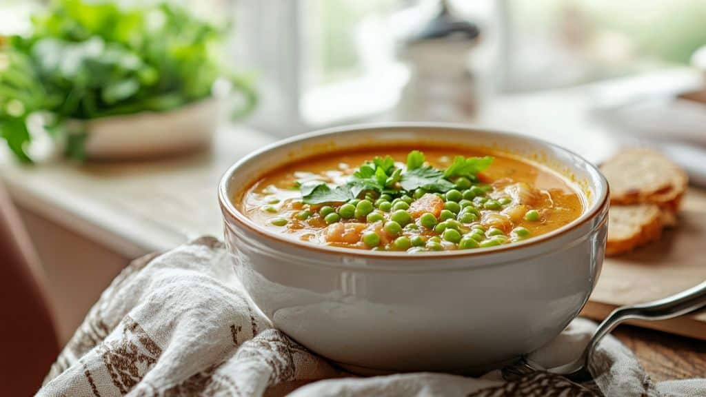 Soupe printanière aux petits pois et œuf poché